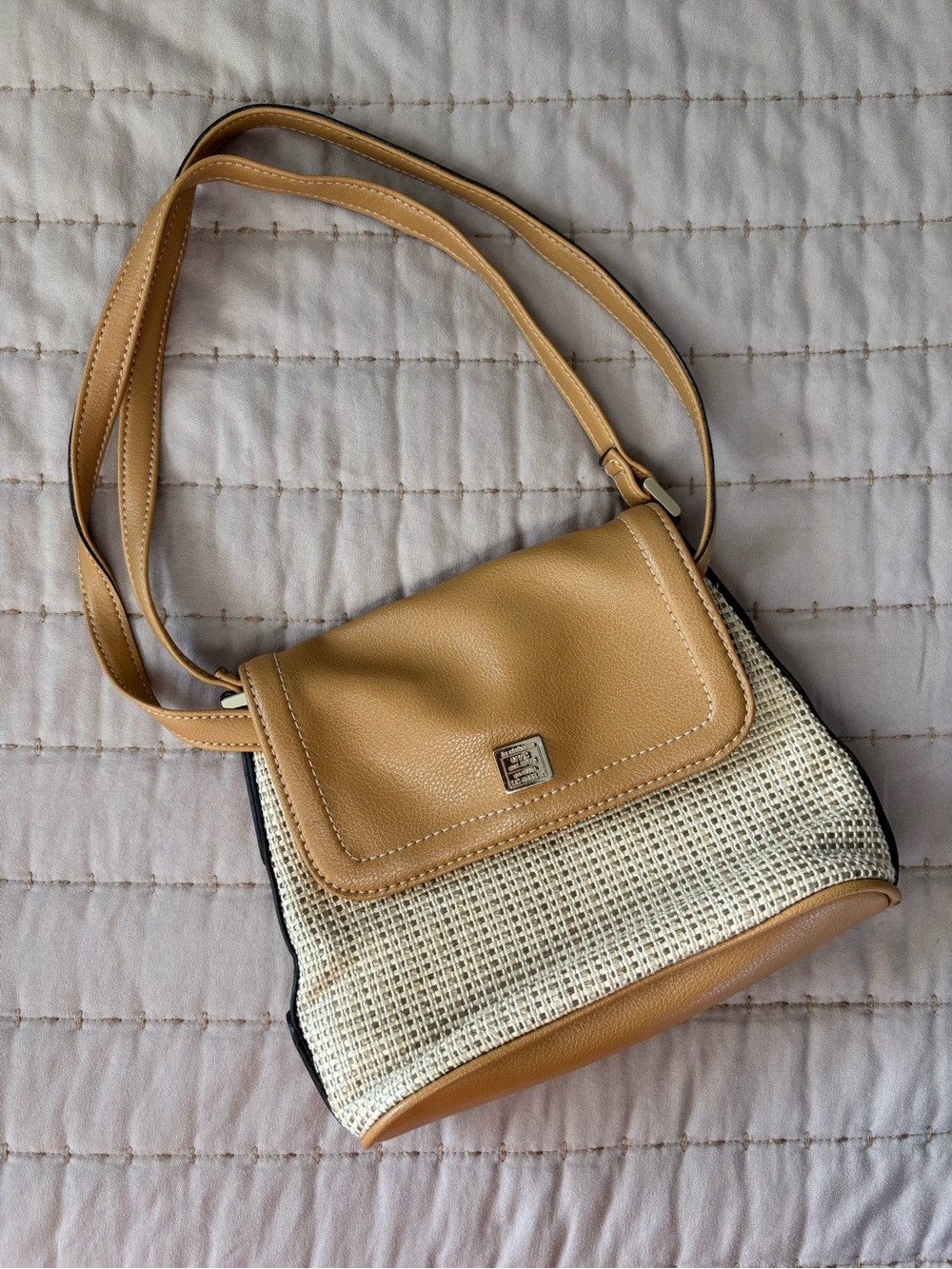 Liz Claiborne Tan and Cream Woven Flap Crossbody Bag